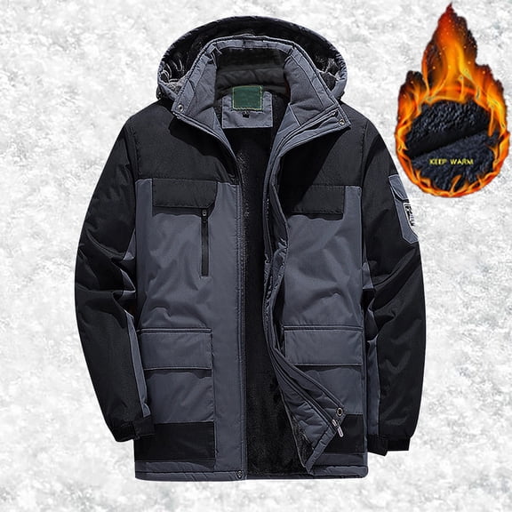 YMNXA Mens Winter Coats With Hood Long Sleeve Color Block Zip Up Plush Thickened Warm Ski Jacket For Outdoor Hiking Grey 8Xl