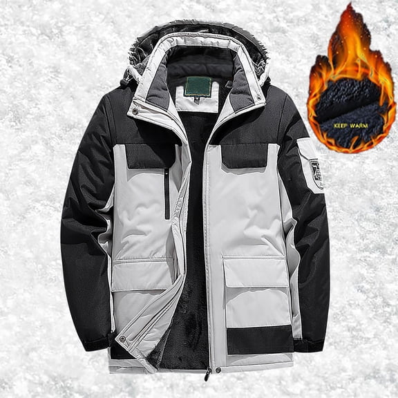 YMNXA Mens Winter Coats With Hood Long Sleeve Color Block Zip Up Plush Thickened Warm Ski Jacket For Outdoor Hiking White 8Xl