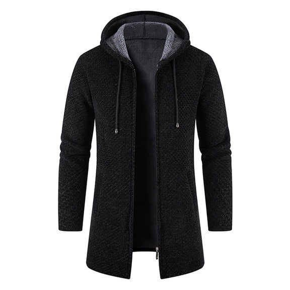 YMNXA Mens Winter Hooded Cardigan Long Sleeve Solid Color Drawstring Zip Up Knitted Thickened Warm Coats For Daily Wear Black M