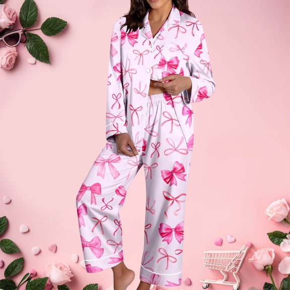 YMNXA Pajamas For Women Set Long Sleeve Lapel Buttons Bow Print Tops And Pants Comfortable Soft Two Piece Outfit For Daily Wear Pink L
