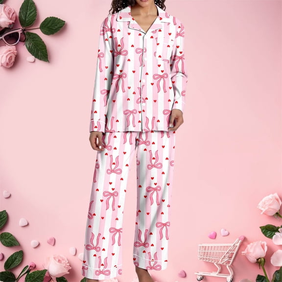 YMNXA Pajamas For Women Set Long Sleeve Lapel Buttons Bow Print Tops And Pants Comfortable Soft Two Piece Outfit For Daily Wear Pink L