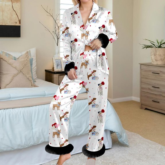 YMNXA Pajamas For Women Set Long Sleeve Lapel Buttons Cartoon Print Tops And Pants Comfortable Soft Sleepwear For Daily Wear White M