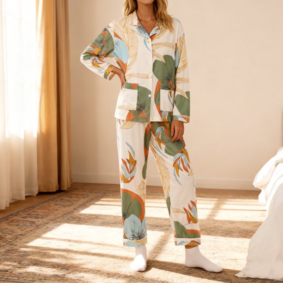 YMNXA Pajamas For Women Set Long Sleeve Lapel Buttons Floral Print Tops And Pants Comfortable Soft Two Piece Outfit For Daily Wear Beige Xl