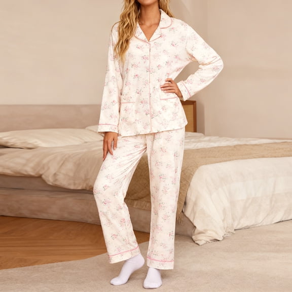 YMNXA Pajamas For Women Set Long Sleeve Lapel Buttons Floral Print Tops And Pants Comfortable Soft Two Piece Outfit For Daily Wear Pink Xxl