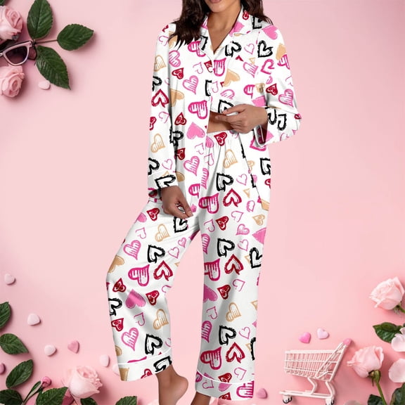 YMNXA Pajamas For Women Set Long Sleeve Lapel Buttons Love Heart Print Tops And Pants Comfortable Soft Two Piece Outfit For Daily Wear Pink Xxl