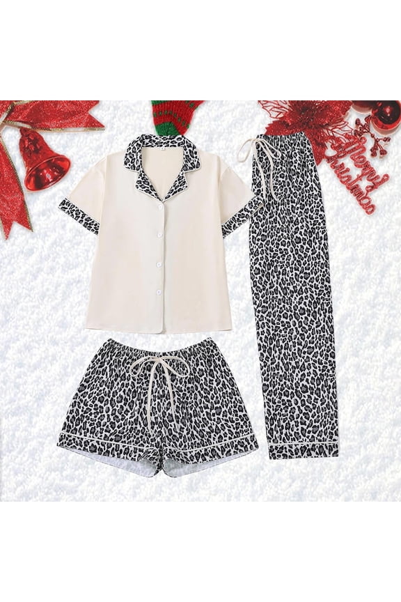 Pajamas For Women Set Short Sleeve Lapel Buttons Leopard Print Tops Shorts Pants Soft 3 Piece Outfit For Home Relaxation And Nightwear White L