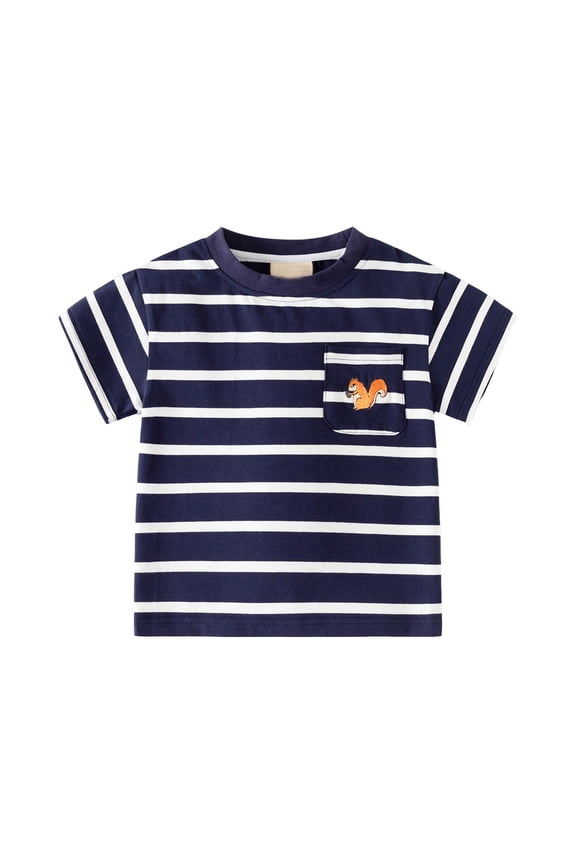 Toddler Children Boys T Shirts Short Sleeve O-Neck Striped Print Fashion Breathable Tee Top For Casual Daily Wear,Navy,18-24 Months