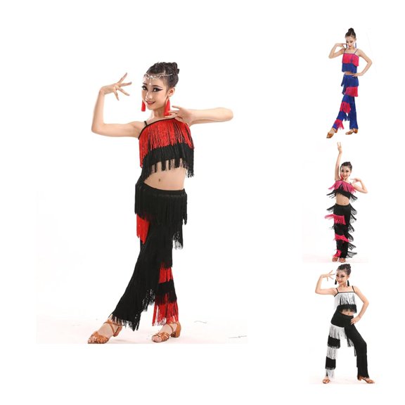 YMNXA Toddler Children Girls 2 Piece Latin Ballroom Dance Outfits Tassel Camisole Fringe Pants Modern Dancewear Set For Stage Performance,Red,13-14 Years