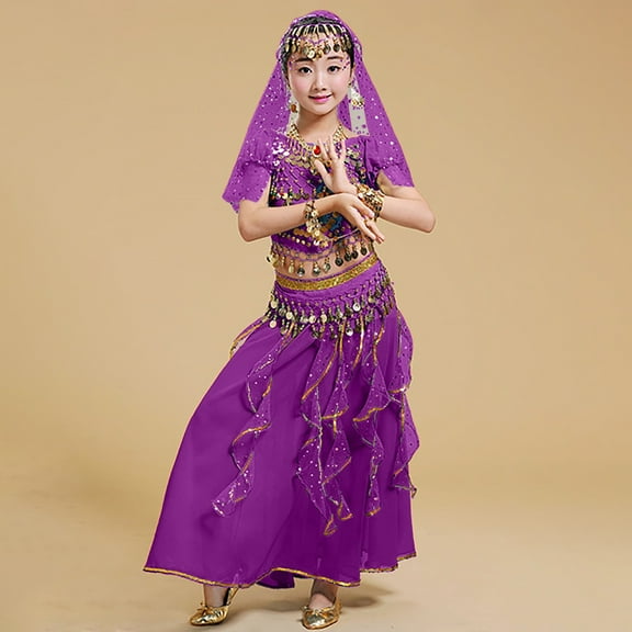 YMNXA Toddler Girls Summer Dance Outfits Short Sleeve Sequins Tassels Top Elastic Waist Mesh Skirt Ethnic Style Set For Performance,Dark Purple,5-6 Years