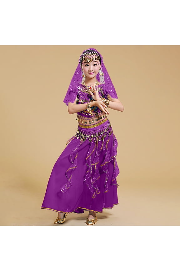 Toddler Girls Summer Dance Outfits Short Sleeve Sequins Tassels Top Elastic Waist Mesh Skirt Ethnic Style Set For Performance,Dark Purple,5-6 Years