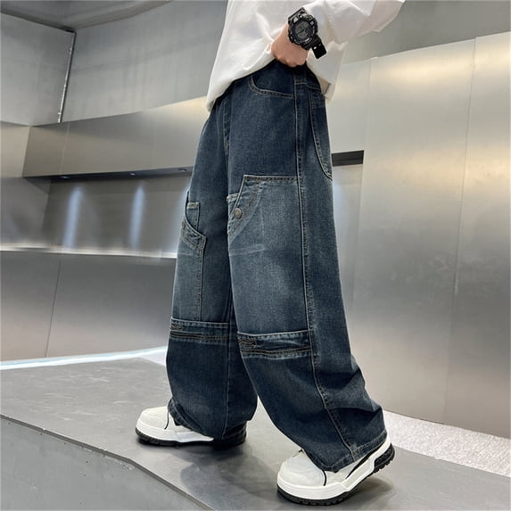 YMNXA Toddler Kids Boys Denim Pants Elastic Waist Straight Leg Wide Leg Loose Fit Comfortable Jeans Trousers With Pockets For Daily Wear,Dark Blue,3-4 Years