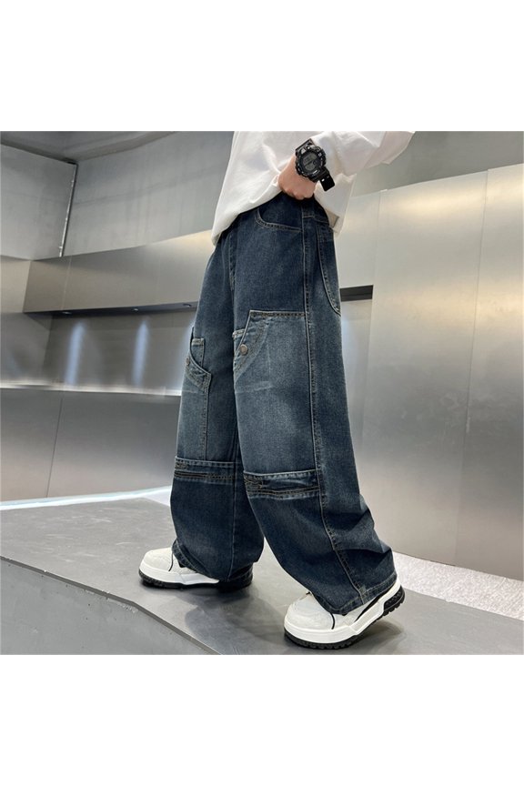 Toddler Kids Boys Denim Pants Elastic Waist Straight Leg Wide Leg Loose Fit Comfortable Jeans Trousers With Pockets For Daily Wear,Dark Blue,7-8 Years