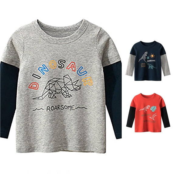 YMNXA Toddler Kids Boys T Shirt Long Sleeve Round Neck Dinosaur Print Fashion Comfortable Tee Tops For Casual Daily Wear,Grey,5-6 Years