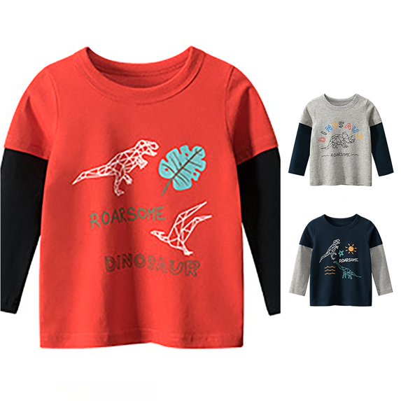 YMNXA Toddler Kids Boys T Shirt Long Sleeve Round Neck Dinosaur Print Fashion Comfortable Tee Tops For Casual Daily Wear,Watermelon Red,8-9 Years