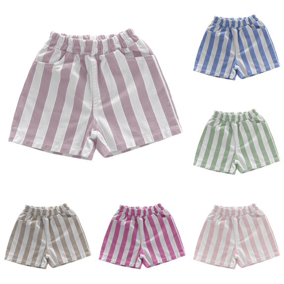 YMNXA Toddler Kids Girls Boys Summer Shorts Striped Print Elastic Waist Lightweight Comfortable Shorts For Casual Daily Wear,Light Purple,5-6 Years