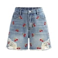 thumbnail image 1 of YMNXA Toddler Kids Girls Denim Shorts Elastic Waist Cherry Embroidery Distressed Ripped Comfortable Fashion Short Bottoms For Everyday Wear,Watermelon Red,10-10.5 Years, 1 of 6