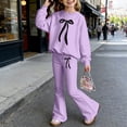 thumbnail image 1 of YMNXA Toddler Kids Girls Outfits Long Sleeve Round Neck Bow Print Pullover And Flare Pants Comfortable Fashion Elegant Sets For Casual Daily Wear,Light Purple,3-4 Years, 1 of 4