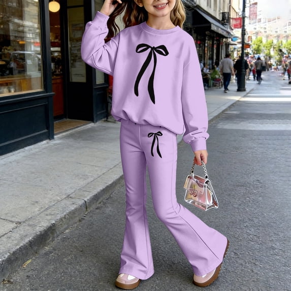 YMNXA Toddler Kids Girls Outfits Long Sleeve Round Neck Bow Print Pullover And Flare Pants Comfortable Fashion Elegant Sets For Casual Daily Wear,Light Purple,3-4 Years