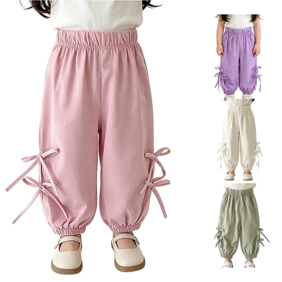 YMNXA Toddler Kids Girls Pants Elastic Waist Solid Color Bow Design Ankle-Tied Soft Breathable Loose Fit Summer Trousers For Everyday Wear,Pink,5-6 Years