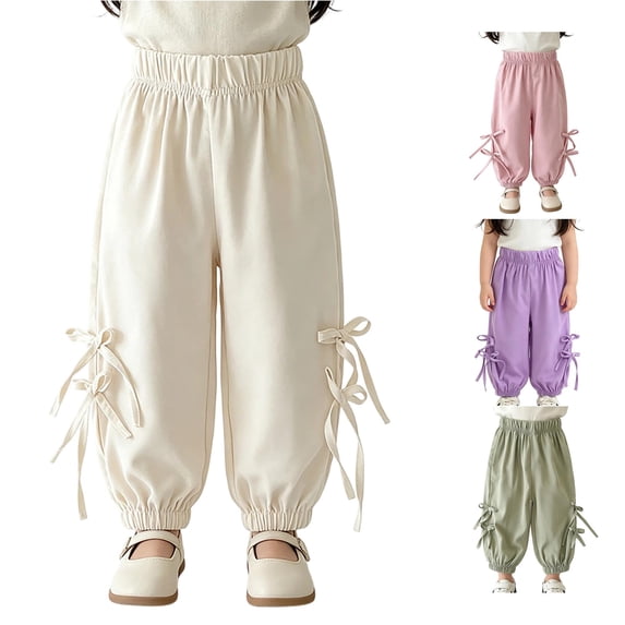 YMNXA Toddler Kids Girls Pants Elastic Waist Solid Color Bow Design Ankle-Tied Soft Breathable Loose Fit Summer Trousers For Everyday Wear,White,4-5 Years