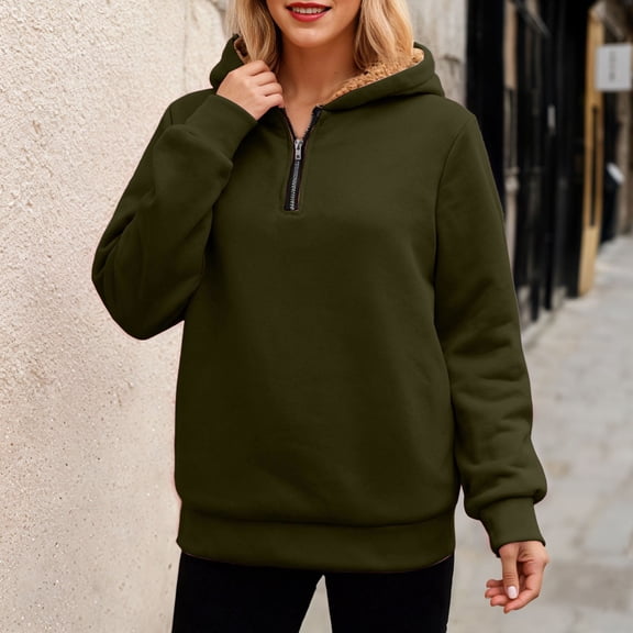 YMNXA Unisex Hoodies Long Sleeve Half Zip Solid Color Plush Lined Thickened Soft Warm Sweatshirt Top For Casual Daily Wear Army Green L
