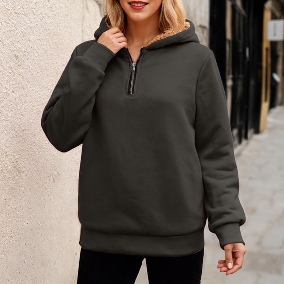 YMNXA Unisex Hoodies Long Sleeve Half Zip Solid Color Plush Lined Thickened Soft Warm Sweatshirt Top For Casual Daily Wear Dark Gray Xs