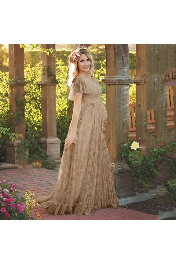 Women Maternity Dress Lace Ruffles Short Sleeve Solid Color Ankle-Length Dresses Comfortable Fashion For Outdoor Activities,Coffee,Xxl