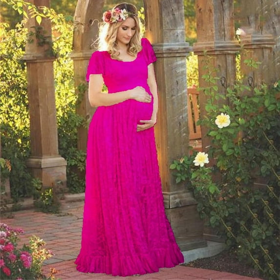 YMNXA Women Maternity Dress Lace Ruffles Short Sleeve Solid Color Ankle-Length Dresses Comfortable Fashion For Outdoor Activities,Hot Pink,Xxxl