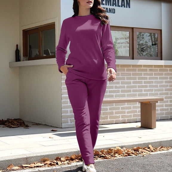 YMNXA Women Pajama Sets Solid Color Round Neck Long Sleeved Plush Bottoming Tops And Trousers Thickened Slim Fit Warm Loungewear Outfits For Daily Wear Wine L