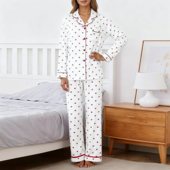 YMNXA Women Pajamas Set Long Sleeve Lapel Buttons Love Heart Print Tops And Pants Comfortable Soft Sleepwear For Daily Wear White M