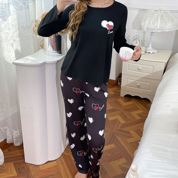 YMNXA Women Pajamas Set Long Sleeve Round Neck Love Heart Print Tops And Pants Comfortable Soft Sleepwear For Daily Wear Black L