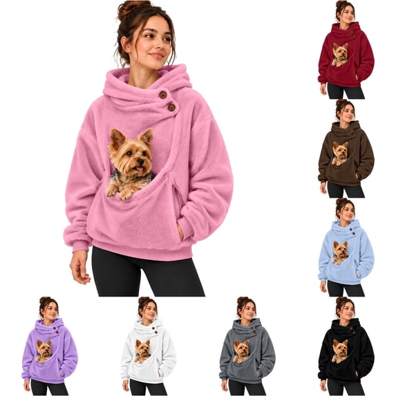 YMNXA Women Pet Pouch Hoodie Yorkshire Terrier Print Long Sleeve Pullover Button Collar Sweatshirt with Front Pocket for Small Pets Winter Seasonal Themed Event,XL