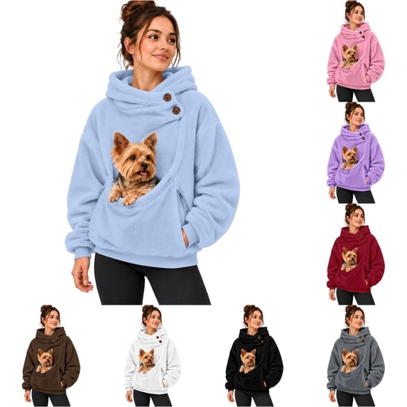 YMNXA Women Pet Pouch Hoodie Yorkshire Terrier Print Long Sleeve Pullover Button Collar Sweatshirt with Front Pocket for Small Pets Winter Holidays,M