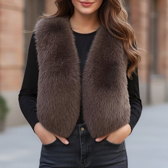 YMNXA Women'S Fuzzy Vest Sleeveless Open Front Solid Color Comfortable Warm Thick Jacket Coat For Daily Wear Brown S