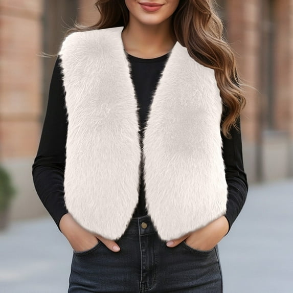 YMNXA Women'S Fuzzy Vest Sleeveless Open Front Solid Color Comfortable Warm Thick Jacket Coat For Daily Wear White Xl