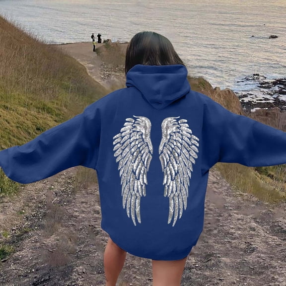 YMNXA Women'S Hoodies With Pockets Long Sleeved Drawstring Angel Print Loose Fit Comfortable Sweatshirt For Daily Wear Navy S