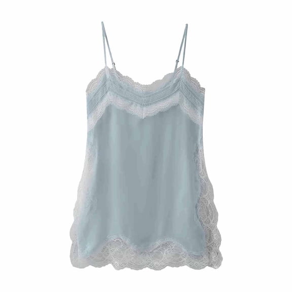 YMNXA Women'S Seamless Camisole Sleeveless Solid Color Spaghetti Strap Lace Trim Fitted Fashion Tank Top For Daily Wear Blue S