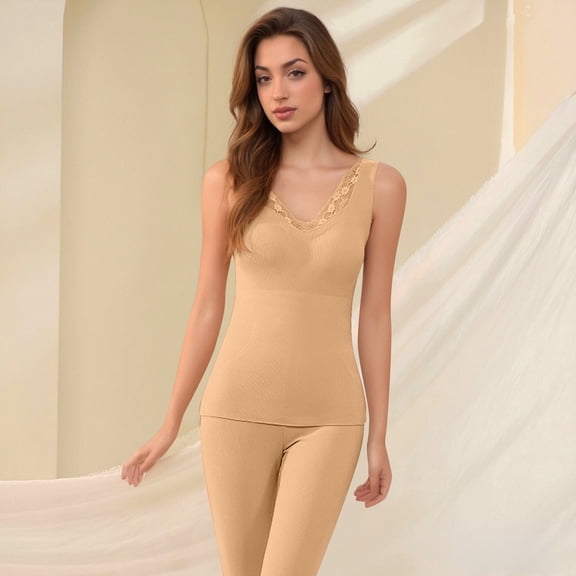 YMNXA Women'S Seamless Thermal Camisole With Built In Bra Lace Trim Sleeveless Solid Color Insulated Warm Top For Everyday Wear Khaki M