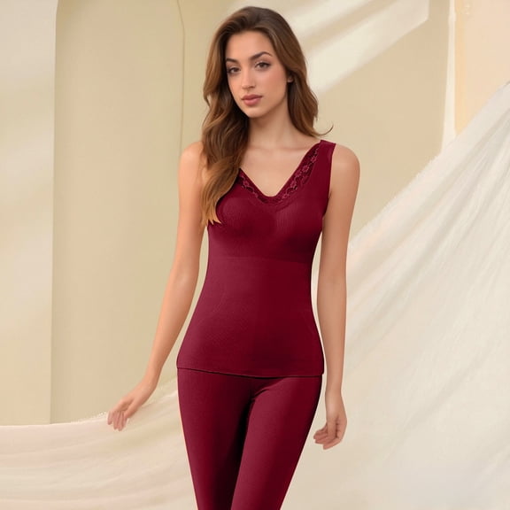 YMNXA Women'S Seamless Thermal Camisole With Built In Bra Lace Trim Sleeveless Solid Color Insulated Warm Top For Everyday Wear Wine Xl