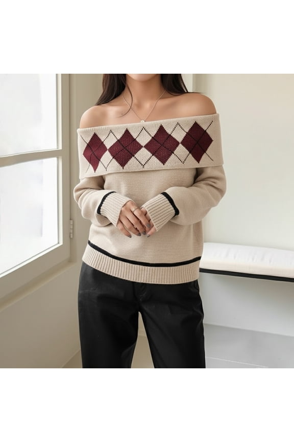 Women'S Sweater Long Sleeve Off Shoulder Geometric Print Soft Comfortable Loose Fit Knitted Pullover Top For Daily Wear Khaki L