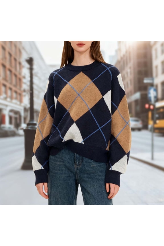 Women'S Sweater Long Sleeved Round Neck Geometric Print Retro Style Loose Fashion Warm Knit Pullover For Daily Wear Khaki L