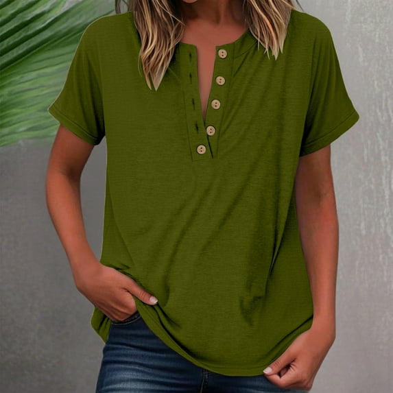 YMNXA Women'S T Shirts Short Sleeved Solid Color Button Fashion Comfortable Soft Top For Daily Wear Army Green L