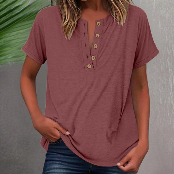 YMNXA Women'S T Shirts Short Sleeved Solid Color Button Fashion Comfortable Soft Top For Daily Wear Light Pink Xl