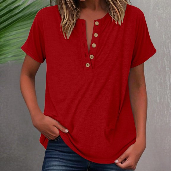 YMNXA Women'S T Shirts Short Sleeved Solid Color Button Fashion Comfortable Soft Top For Daily Wear Red L