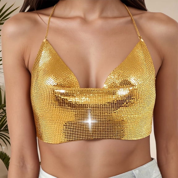 YMNXA Women'S Tank Top Sleeveless Halter Neck Solid Color Sequin Fashion Comfortable Camisole For Party Club Gold One Size