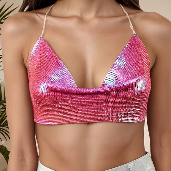 YMNXA Women'S Tank Top Sleeveless Halter Neck Solid Color Sequin Fashion Comfortable Camisole For Party Club Red One Size