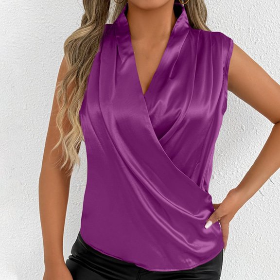 YMNXA Women'S Tank Top Sleeveless V Neck Ruffled Solid Color Casual Soft Lightweight Blouse For Party Purple M
