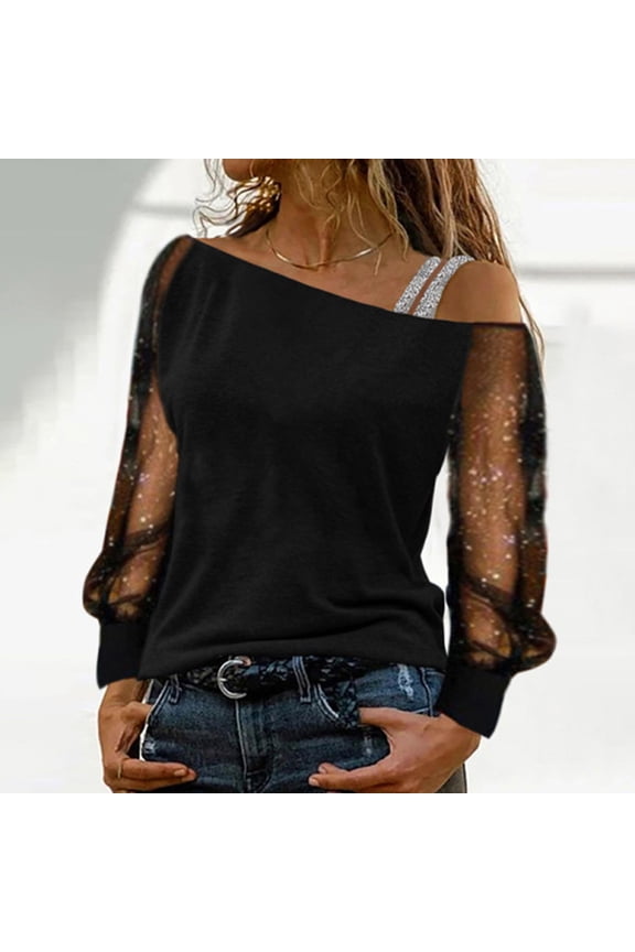 Women'S Top Long Sleeve Slash Neck Solid Color Mesh Elegant Comfortable Blouses For Daily Wear Black L