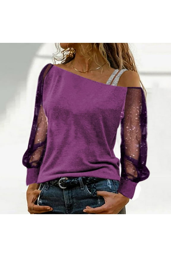Women'S Top Long Sleeve Slash Neck Solid Color Mesh Elegant Comfortable Blouses For Daily Wear Purple Xxl