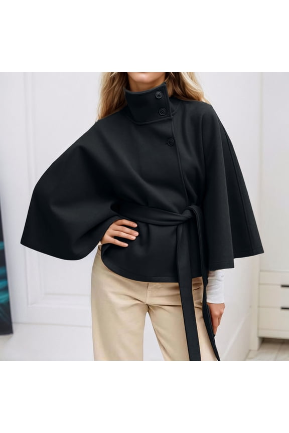 Women'S Trench Coat Batwing Sleeve Stand Collar Solid Color Button Comfortable Cropped Overcoat With Belt For Daily Wear Black L